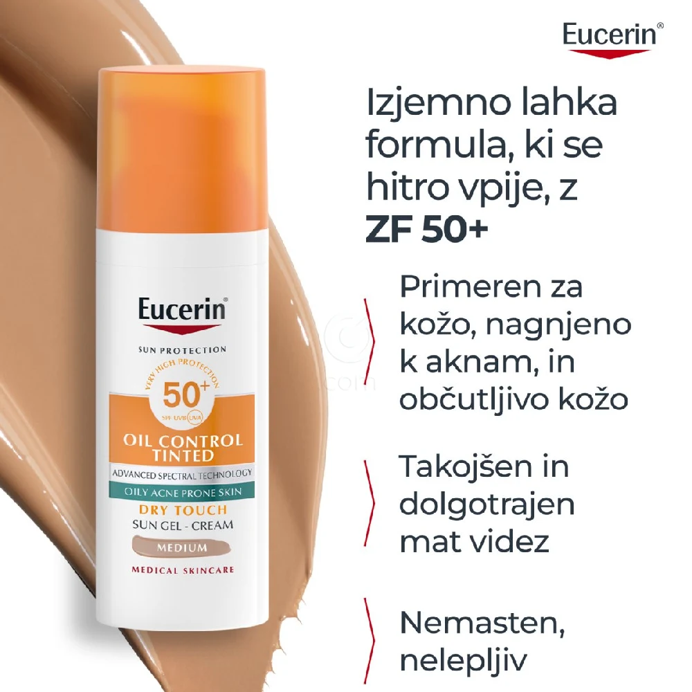 Eucerin Sun Oil Control, obarvan kremni gel za zaščito obraza odtenek Medium - ZF 50+ (50 ml)